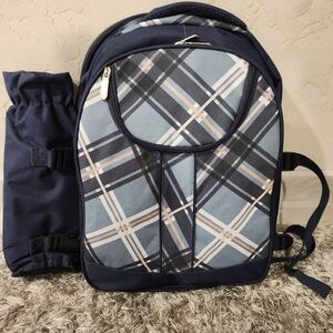 Navy Blue Plaid Picnic Backpack for 4